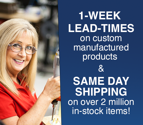 Smiling woman in bright red shirt next to text block that says 1-week lead times on custom manufactured products and same day shipping on over 2 million in-stock items!